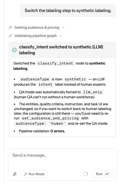 The agent's confirmation after the switch: the node now labels synthetically, quality review locked to LLM, everything else unchanged.