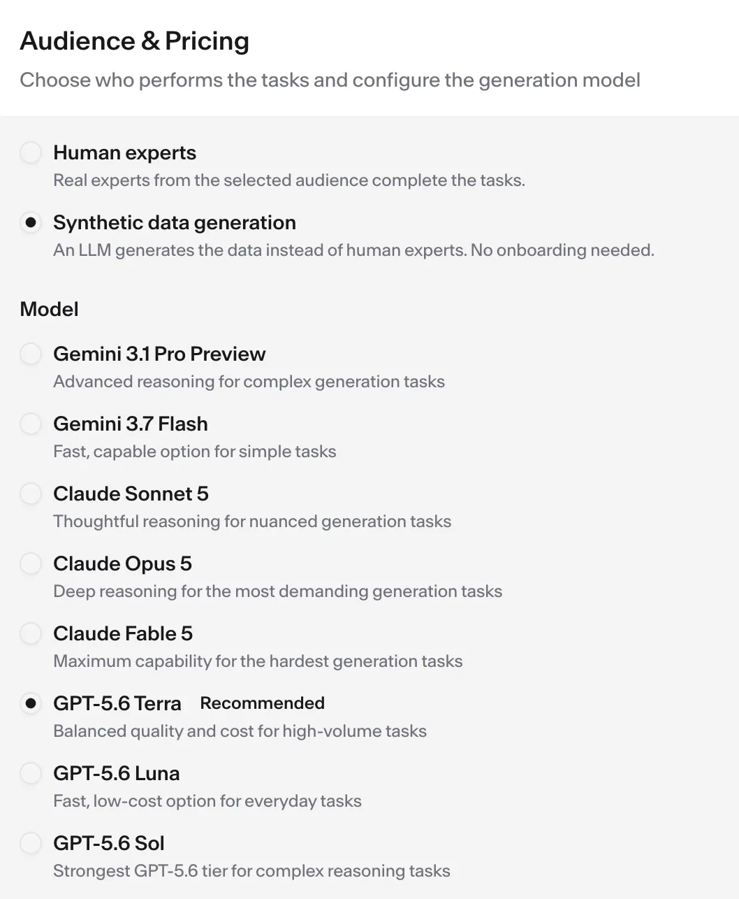 The Audience & Pricing card: the Human experts / Synthetic data generation choice, with the Model list below.