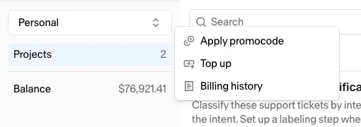 The Balance menu on a full-access team: Apply promocode, Top up, and Billing history.