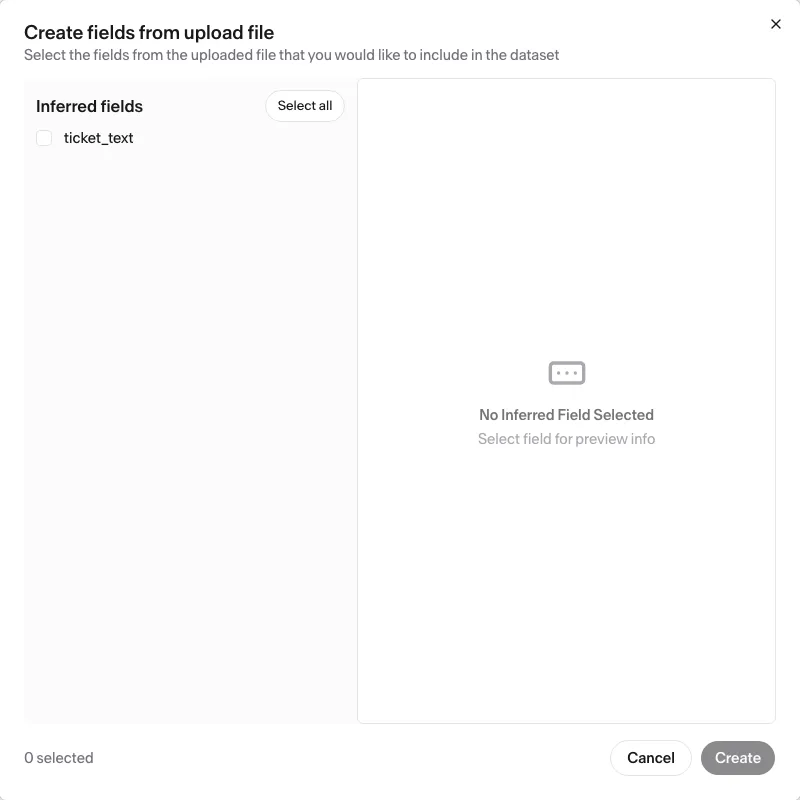 The Create fields from upload file modal: the inferred fields listed with a checkbox each, the Select all control, and the Create button.