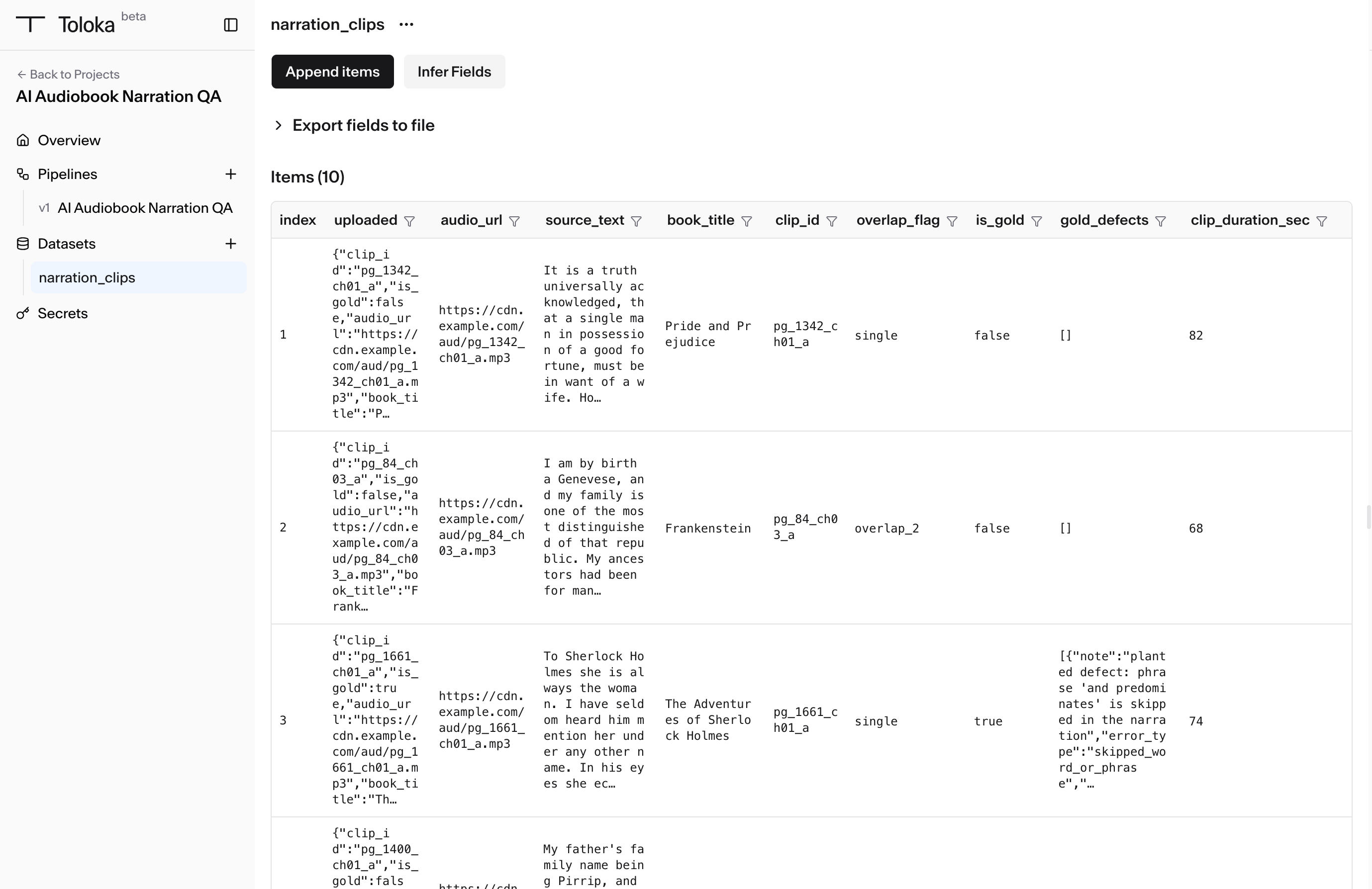 A dataset's page: the Append items and Infer Fields actions, Export fields to file, and the item table with one column per field.