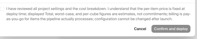 The Cost breakdown window with the consent checkbox and Confirm and deploy button