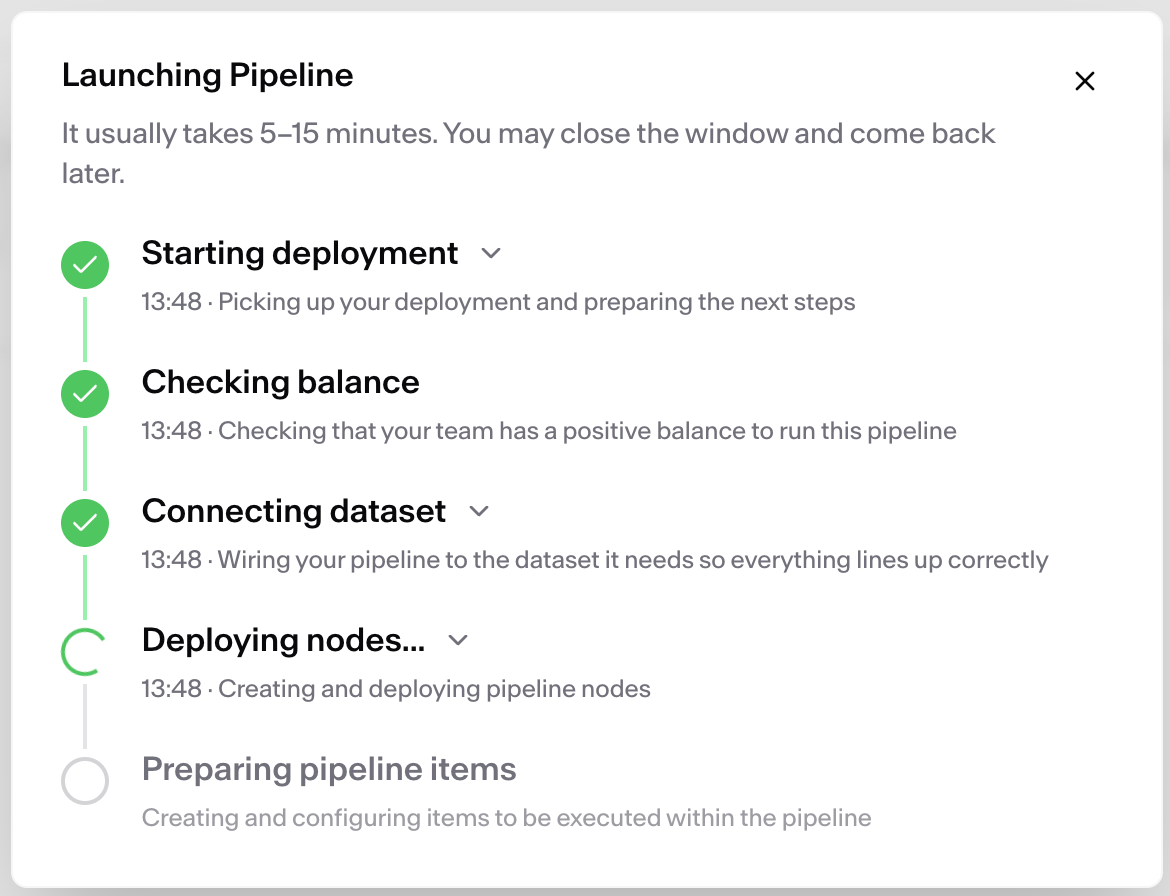 The Launching Pipeline window: starting deployment, checking balance, connecting dataset, deploying nodes, preparing pipeline items.