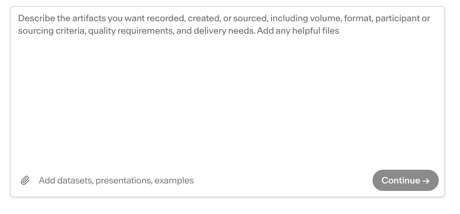 The description field with the Data collection placeholder, an “Add datasets, presentations, examples” attachment control, and the Continue button.