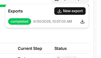 A completed export: a green completed badge, its timestamp, and a download icon at the right.