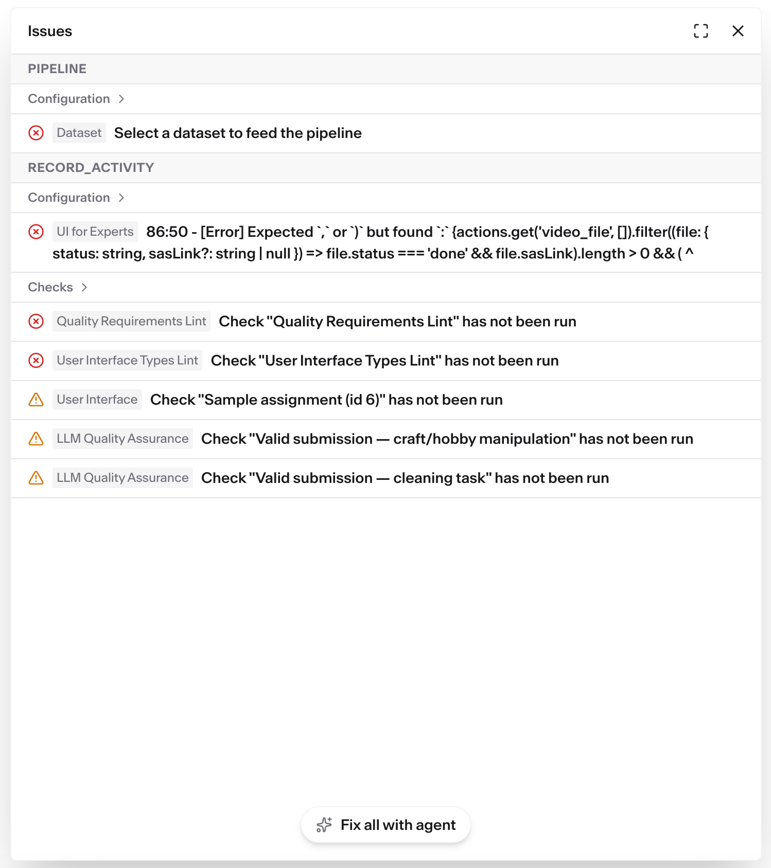 The Issues panel grouped by pipeline and node, listing errors and warnings, with the Fix all with agent button.