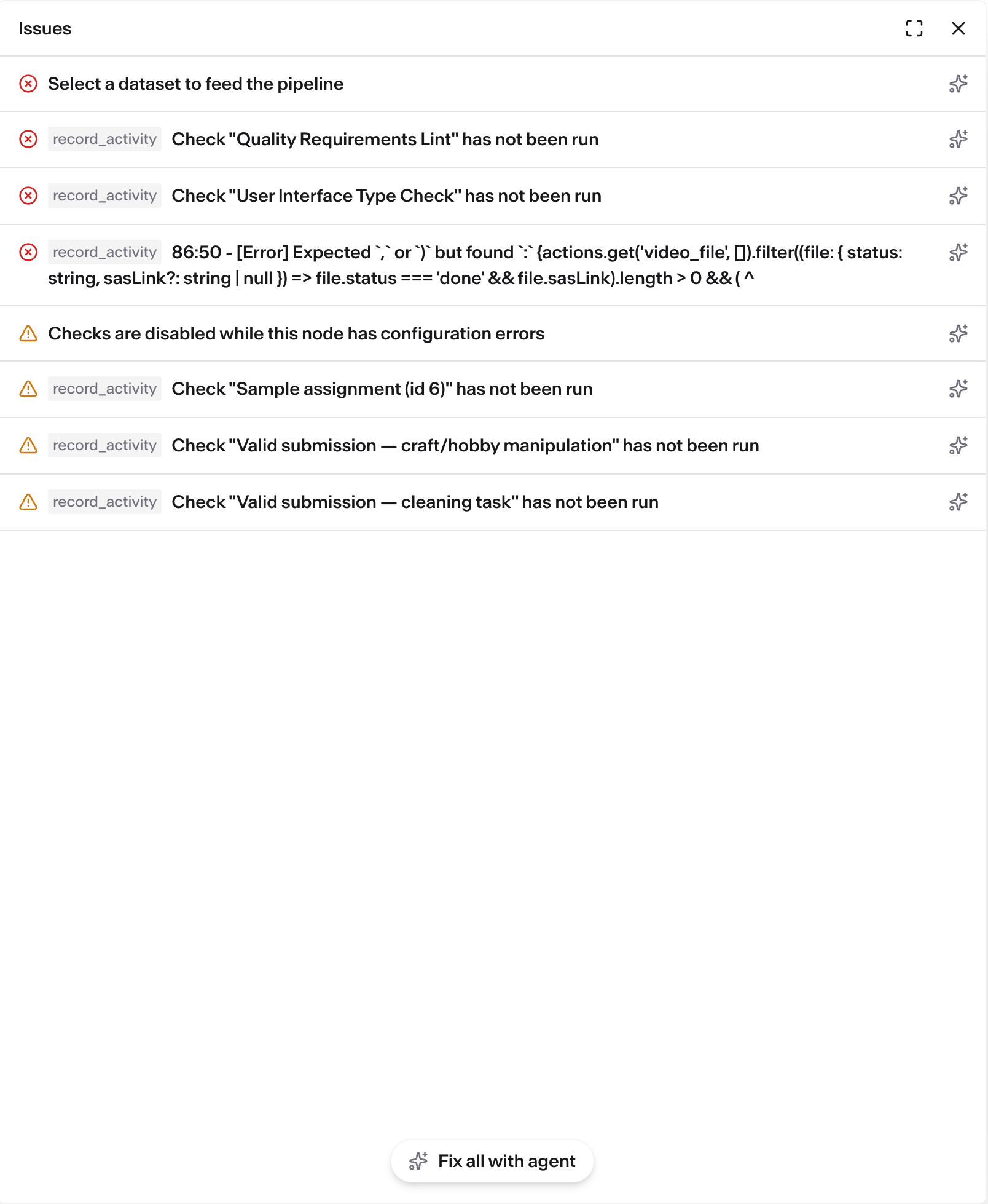 The Issues panel listing errors and warnings, with the Fix all with agent button.