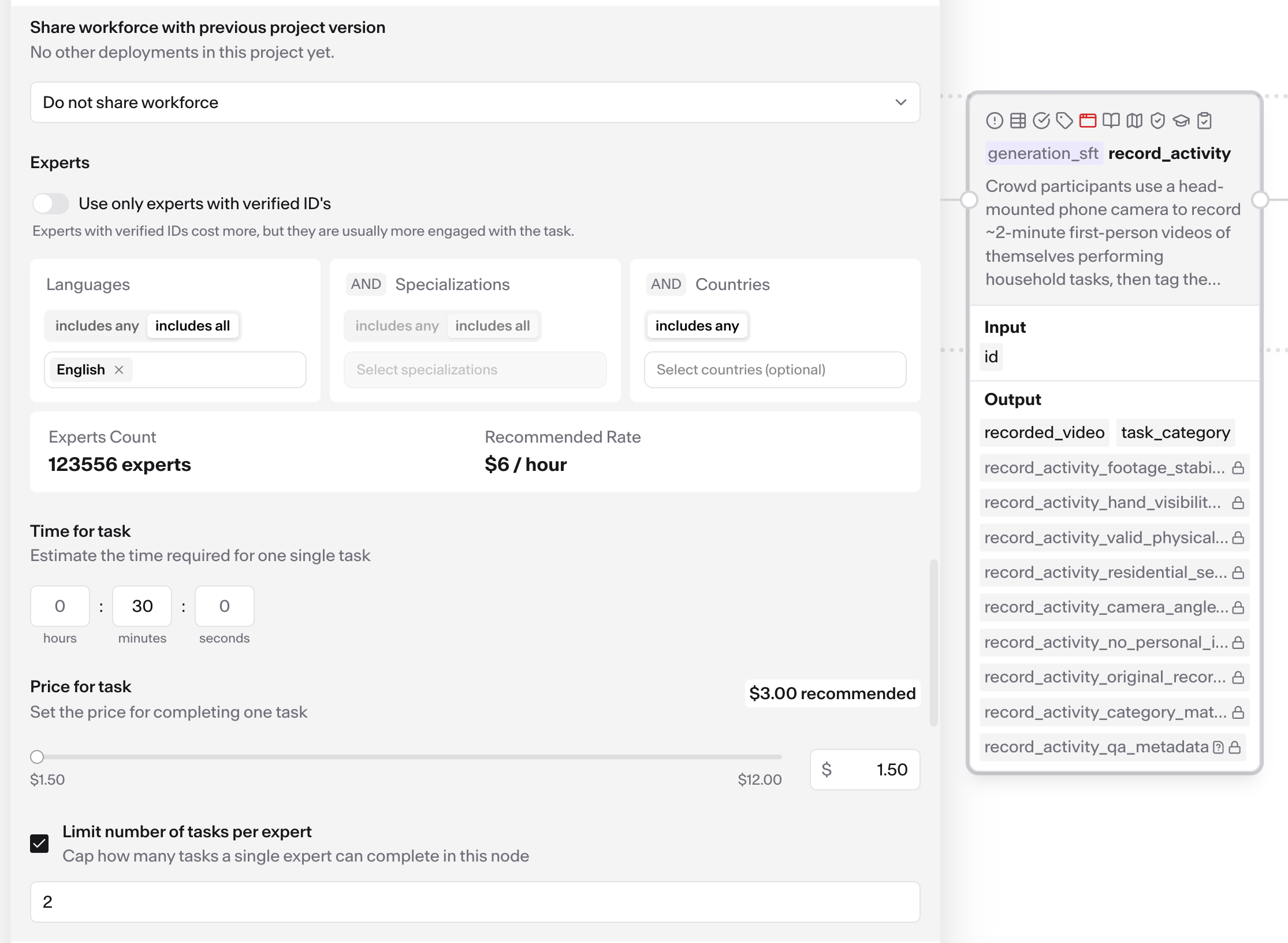 A node's Audience & Pricing settings: expert filters, the expert count and recommended rate, time for task, price for task, and the per-expert cap.
