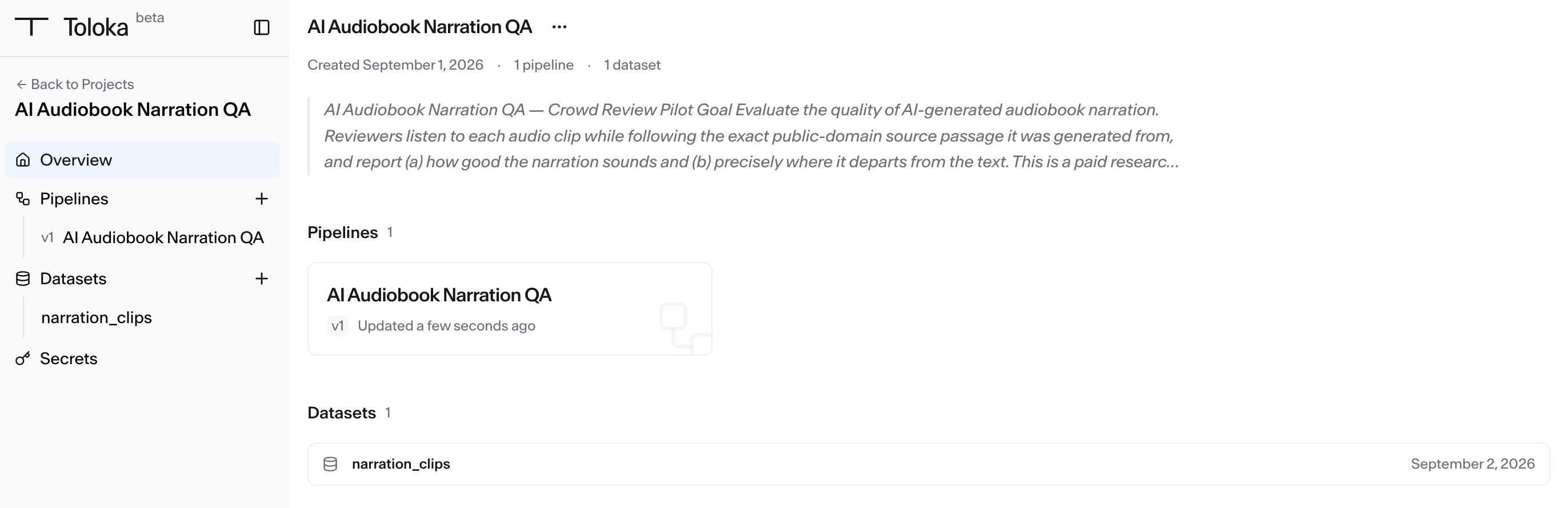 The project overview: the sidebar with Pipelines, Datasets and Secrets, one pipeline card, and one dataset row.