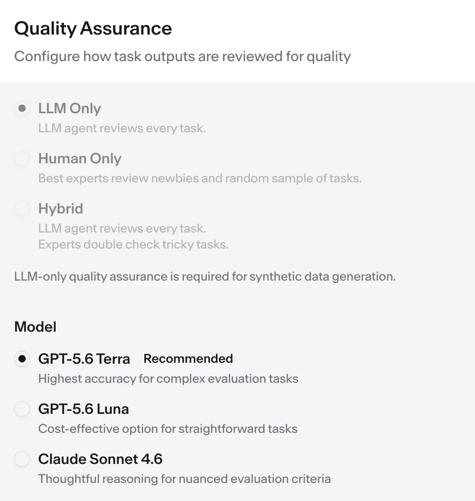 The Quality Assurance settings of a synthetic node: the mode locked to LLM Only, with the review-model selector below.