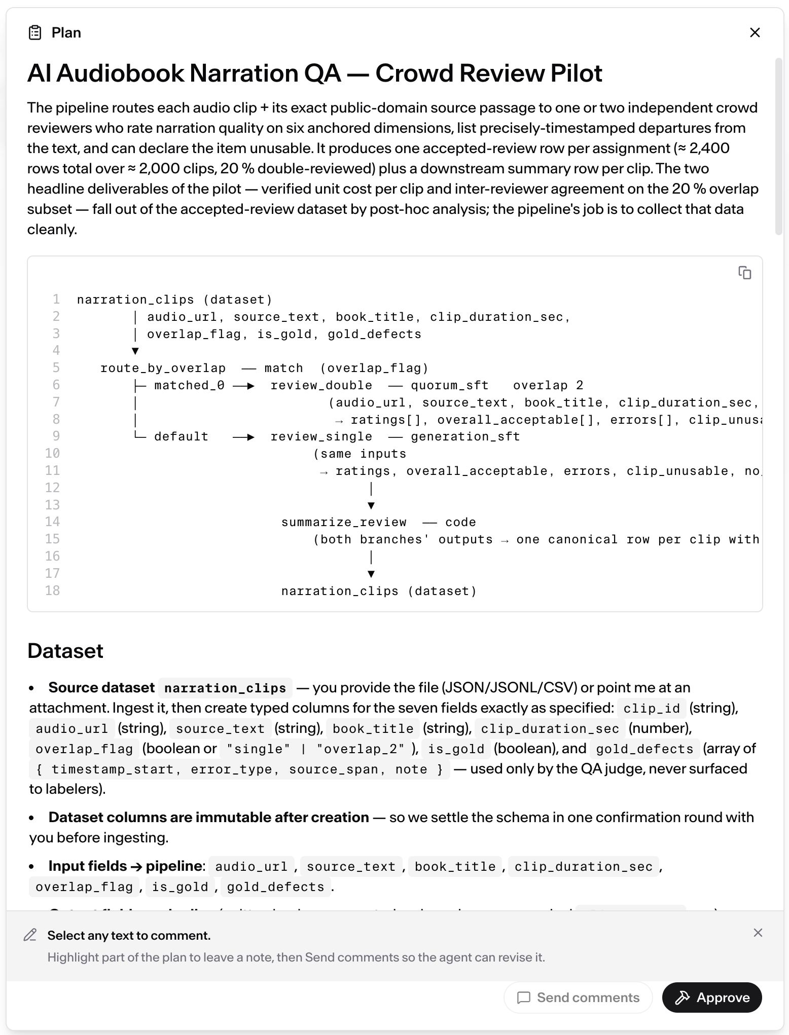 The Plan panel: the pipeline sketch and dataset section, with Send comments and Approve at the bottom.