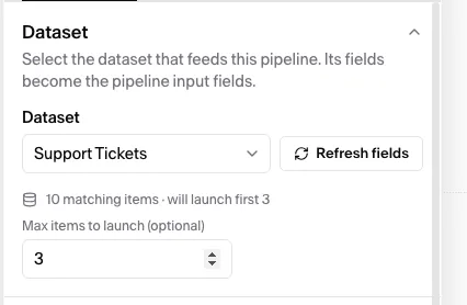 The Start node's dataset card counting its selection: "10 matching items · will launch first 3".