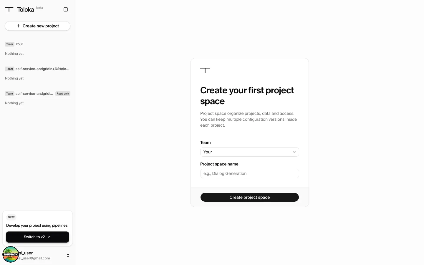 The "Switch to v2" button in the bottom-left sidebar card — only shown if you land in the older workspace