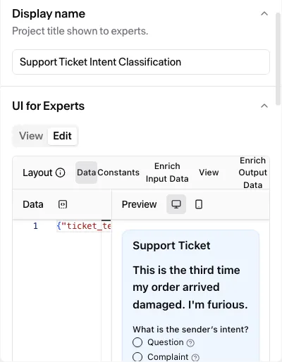 The Edit tab: the editor with the sample data pane on the left and the live form preview on the right.